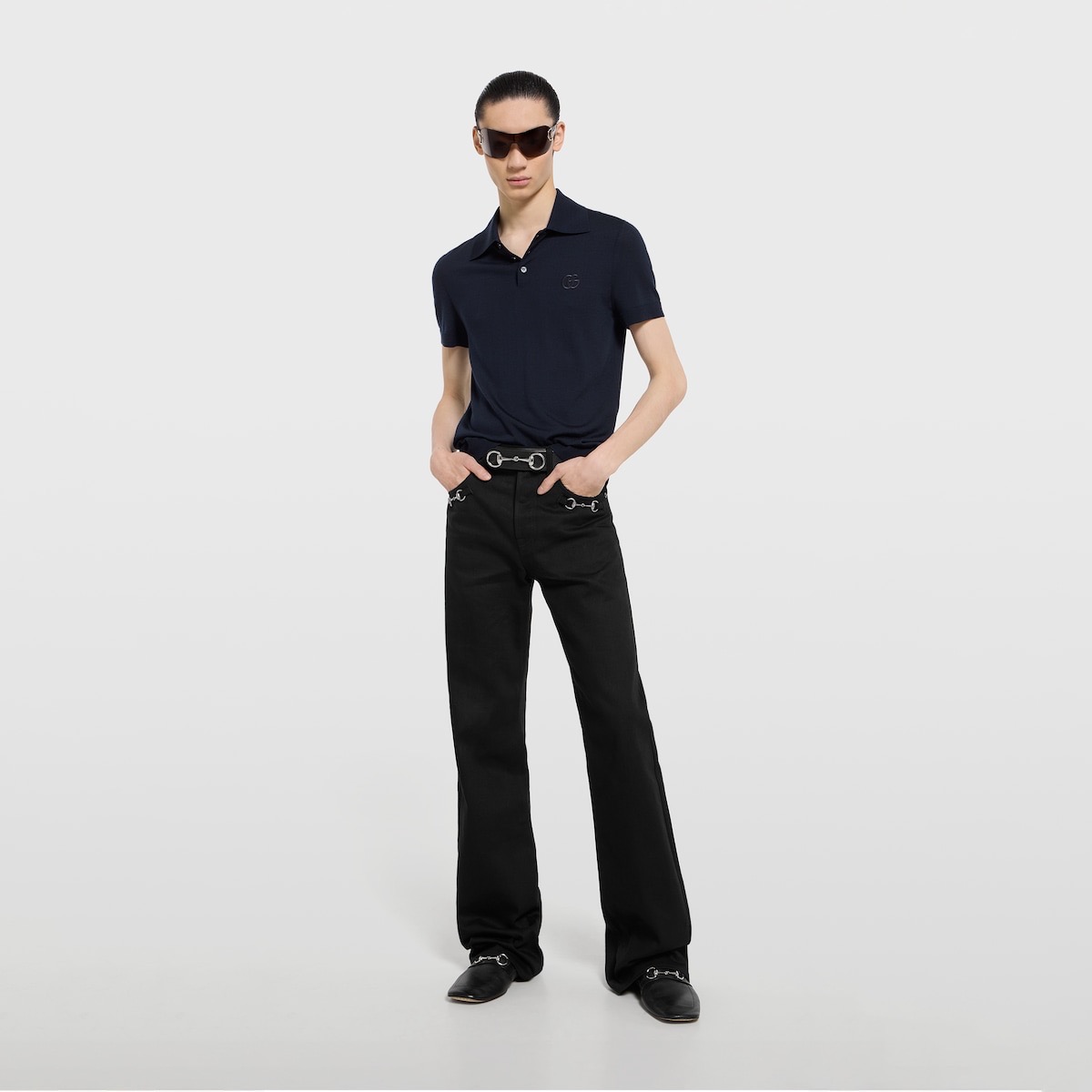 gucci interlocking g embroidered knit short sleeve polo shirt